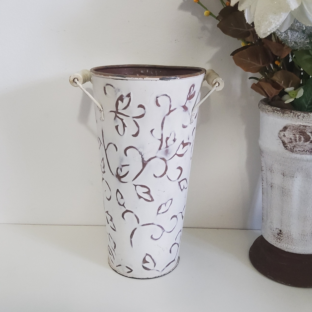 Vintage Metal Canister Bucket Vase for Plant or Flowers